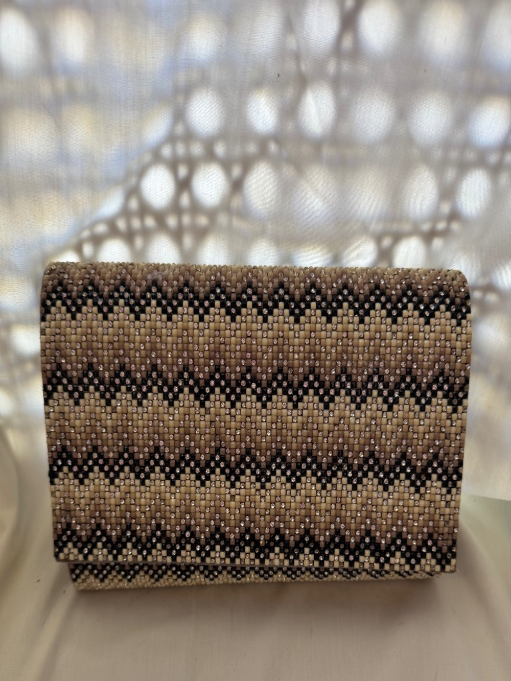 Mina New York Beaded Clutch – Neutral Woven Pattern w/ Chain Strap